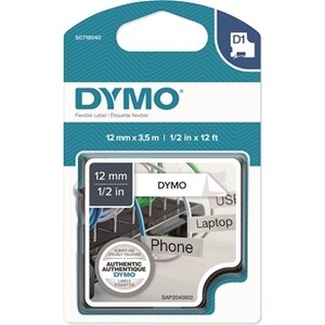 Tarrakasetti Dymo D1 nylon 12mmx3,5m valkoinen/musta