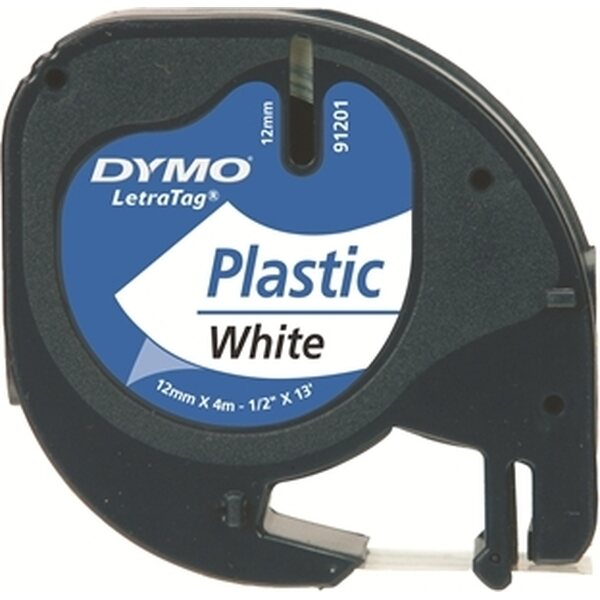Teippi Dymo Letratag 91221 12mmx 4m valkoinen/musta