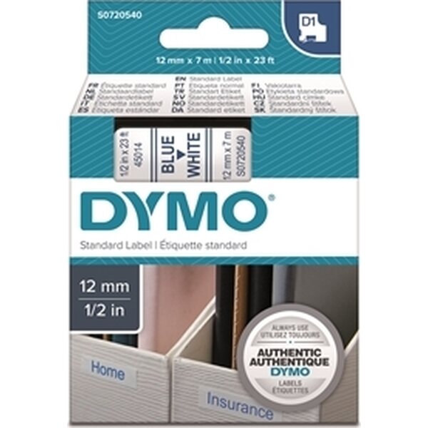 Tarrakasetti Dymo D1 45014 12mm valkoinen/sininen