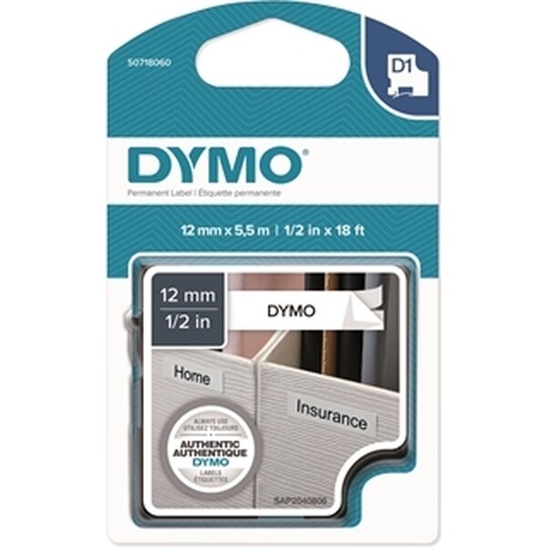 Tarrakasetti Dymo D1 polyesteri 12mmx5,5m valkoinen/musta