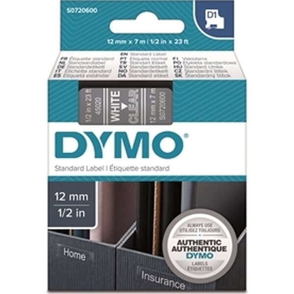 Tarrakasetti Dymo D1 polyesteri 12mm kirkas/valkoinen
