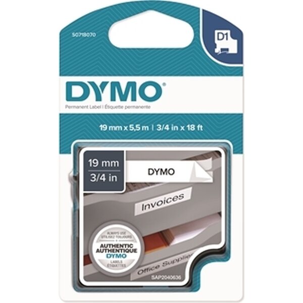Tarrakasetti Dymo D1 polyesteri 19mmx3,5m valkoinen/musta