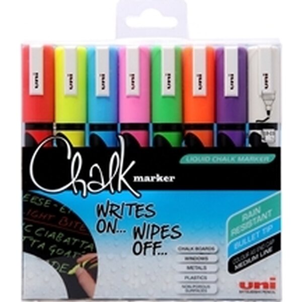 Lasi/liitutaulukynä Uni Chalk Marker PWE-5M pyöreä 8 väriä